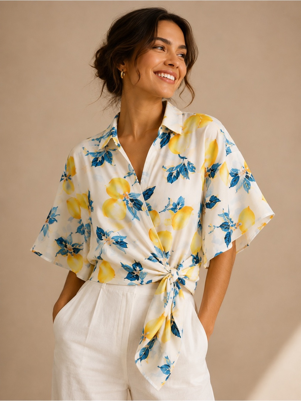 Adrienne Lemon Print Tie Front Kimono Sleeve Blouse Size S